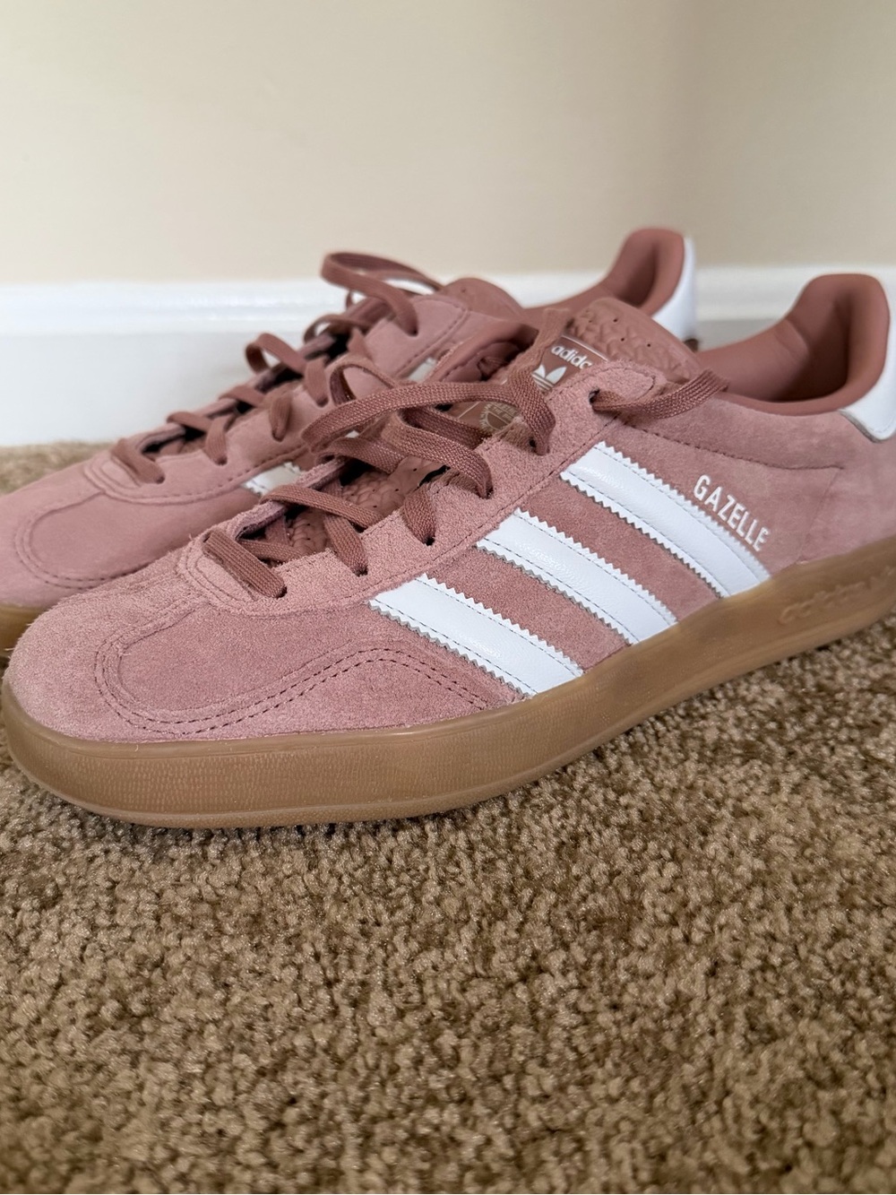 adidas Gazelle Pink Suede Sneakers with White Stripes and Gum Sole